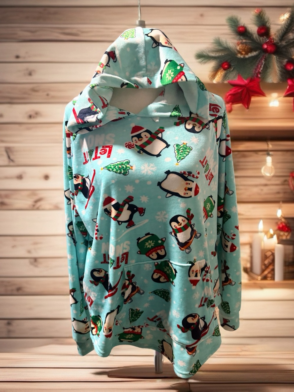 Cozy Women’s Light Blue Penguin Hooded Pajama Top